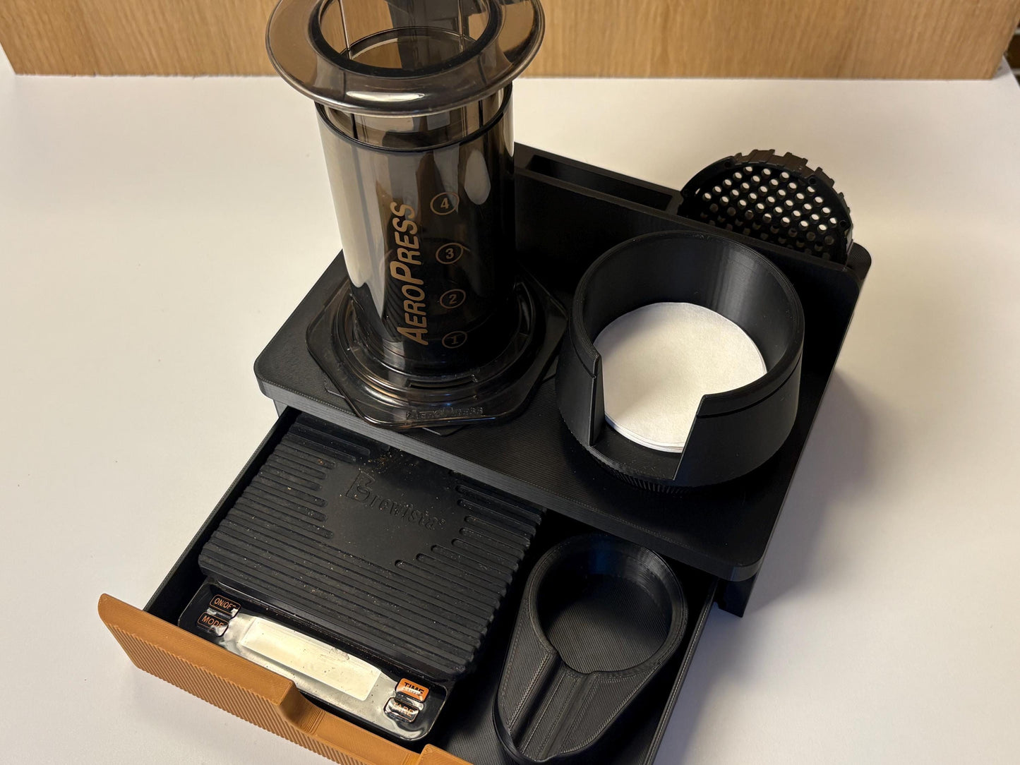 AeroPress Station Organizer, Filters, Scoop and Stirrer. Optional Drawer for Scale. Coffee Bar Stand