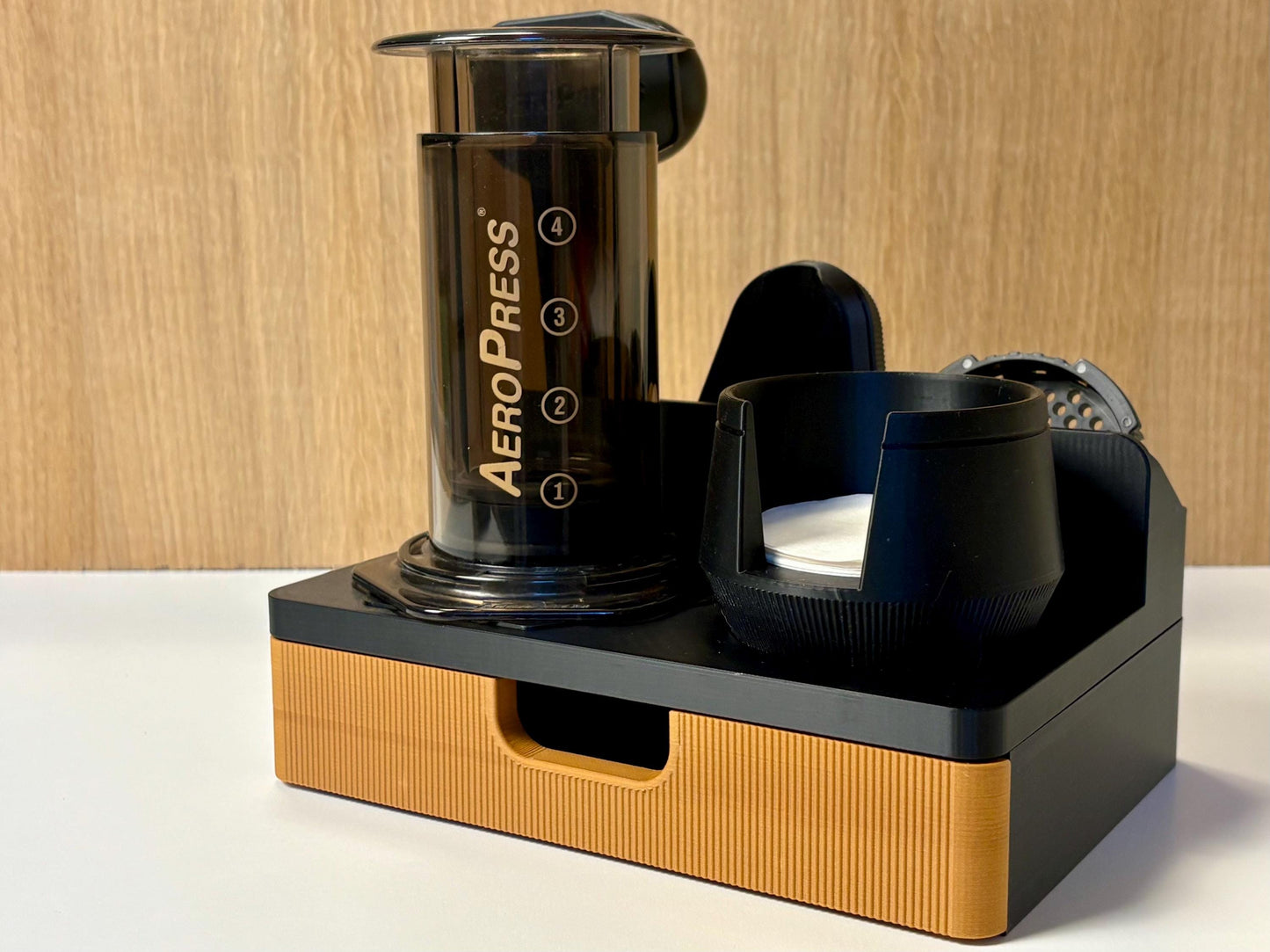 AeroPress Station Organizer, Filters, Scoop and Stirrer. Optional Drawer for Scale. Coffee Bar Stand