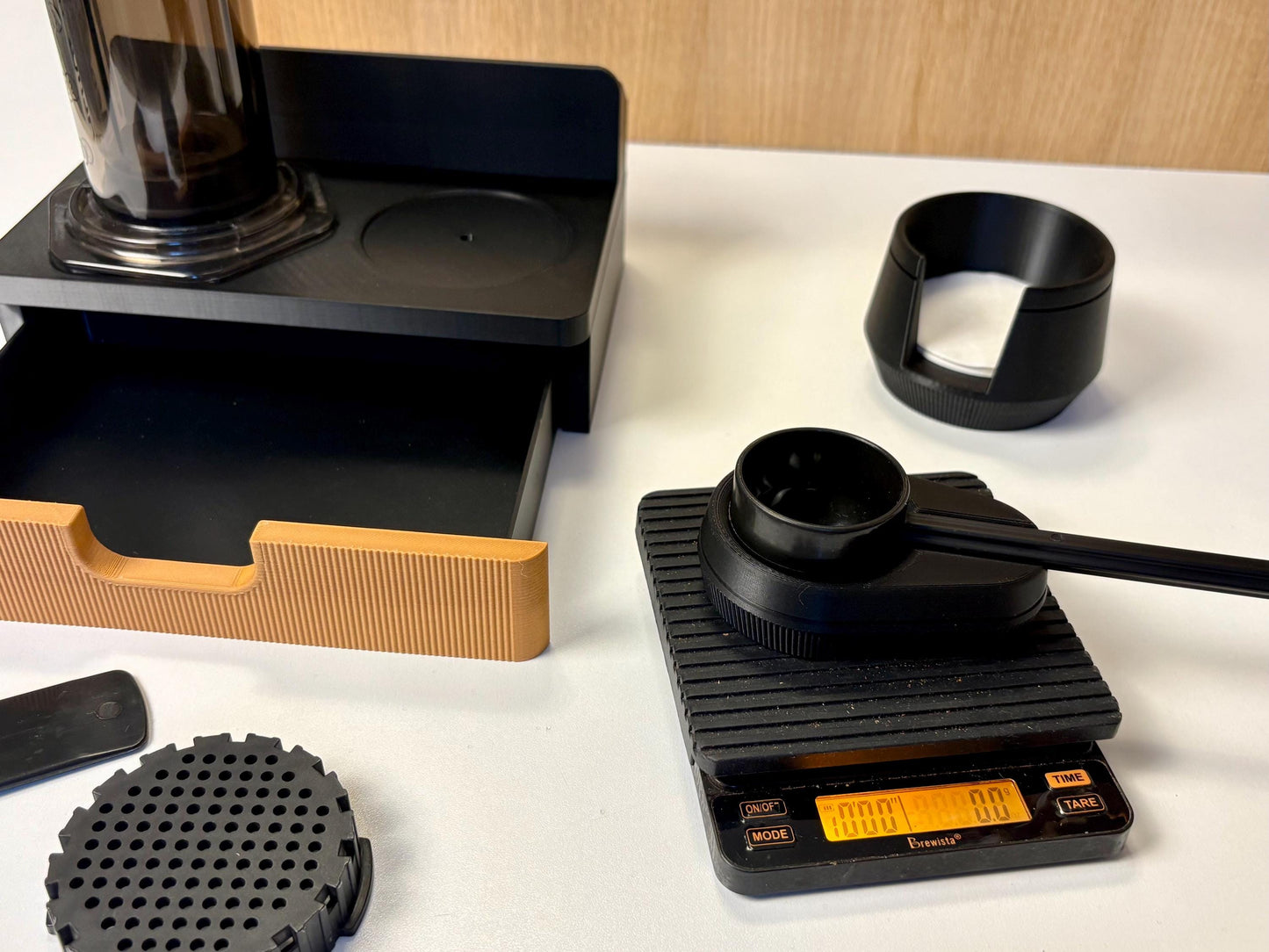 AeroPress Station Organizer, Filters, Scoop and Stirrer. Optional Drawer for Scale. Coffee Bar Stand