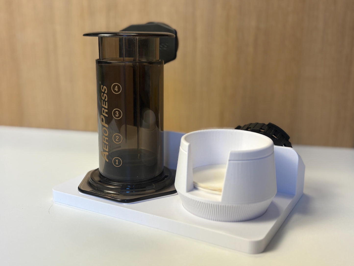 AeroPress Station Organizer, Filters, Scoop and Stirrer. Optional Drawer for Scale. Coffee Bar Stand