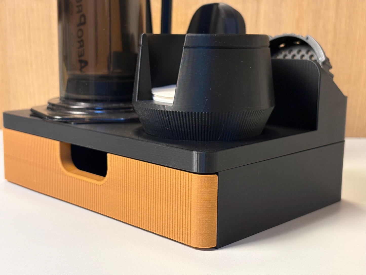 AeroPress Station Organizer, Filters, Scoop and Stirrer. Optional Drawer for Scale. Coffee Bar Stand