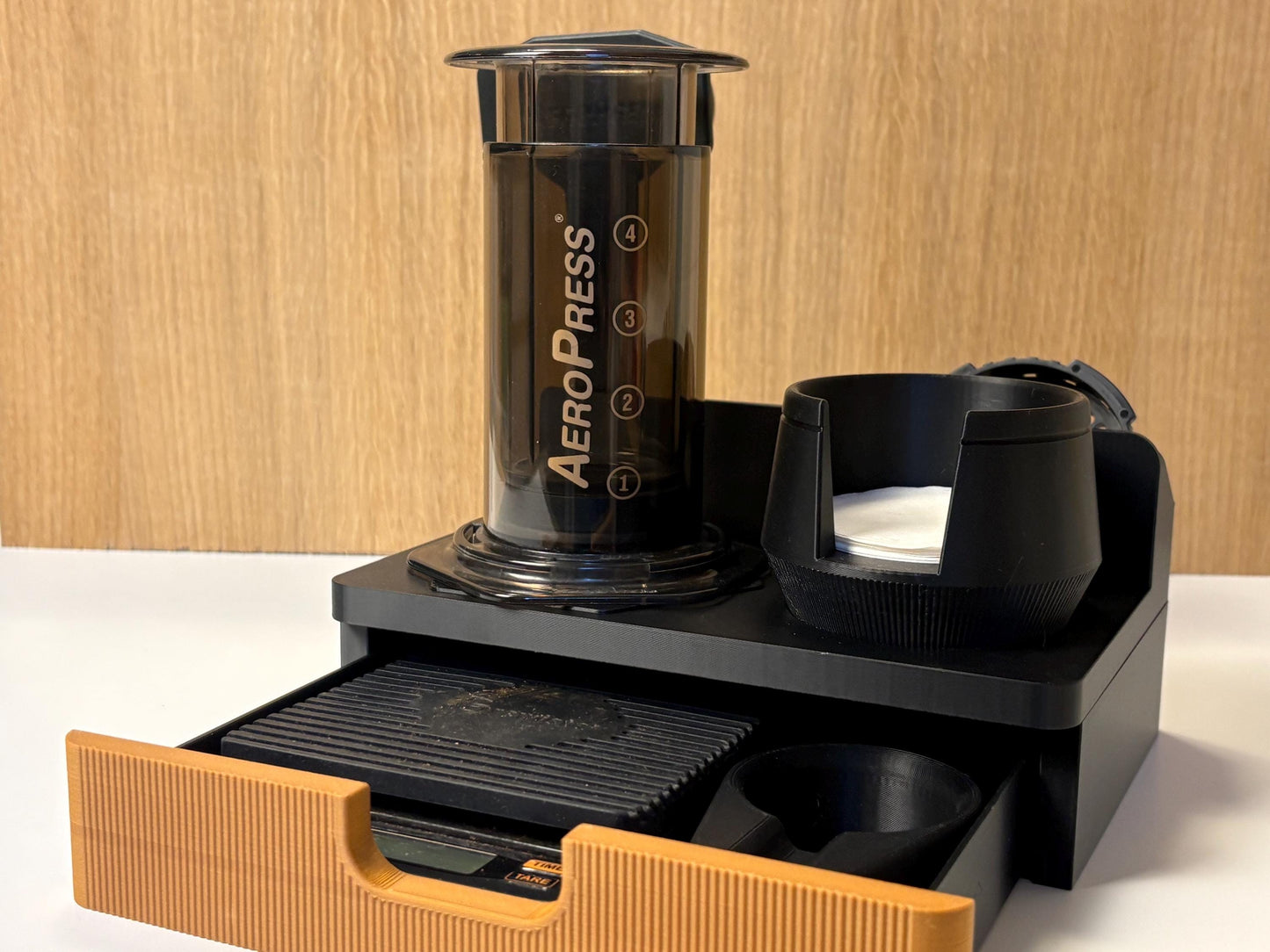 AeroPress Station Organizer, Filters, Scoop and Stirrer. Optional Drawer for Scale. Coffee Bar Stand