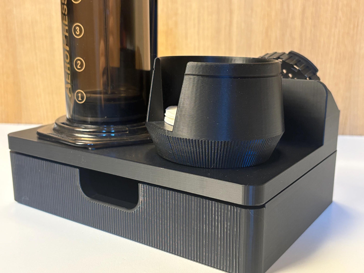 AeroPress Station Organizer, Filters, Scoop and Stirrer. Optional Drawer for Scale. Coffee Bar Stand