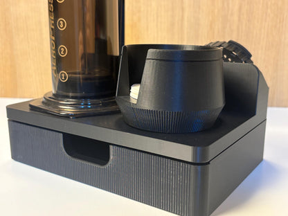 AeroPress Station Organizer, Filters, Scoop and Stirrer. Optional Drawer for Scale. Coffee Bar Stand
