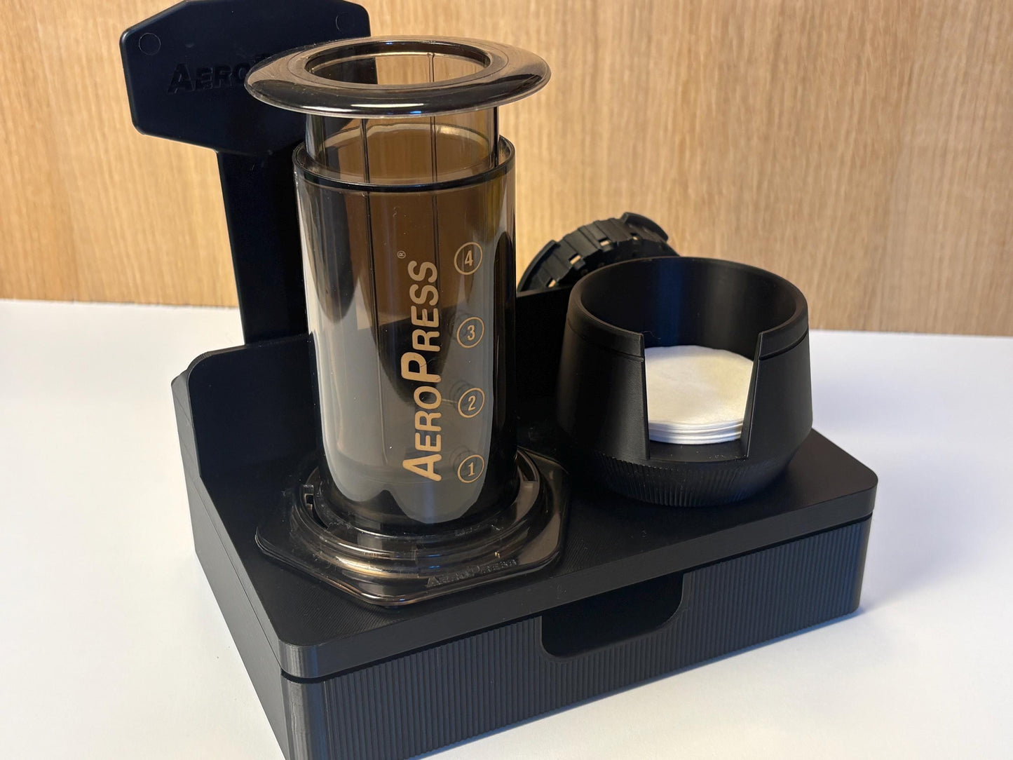 AeroPress Station Organizer, Filters, Scoop and Stirrer. Optional Drawer for Scale. Coffee Bar Stand