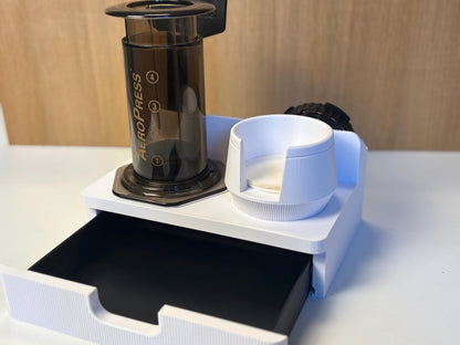 AeroPress Station Organizer, Filters, Scoop and Stirrer. Optional Drawer for Scale. Coffee Bar Stand